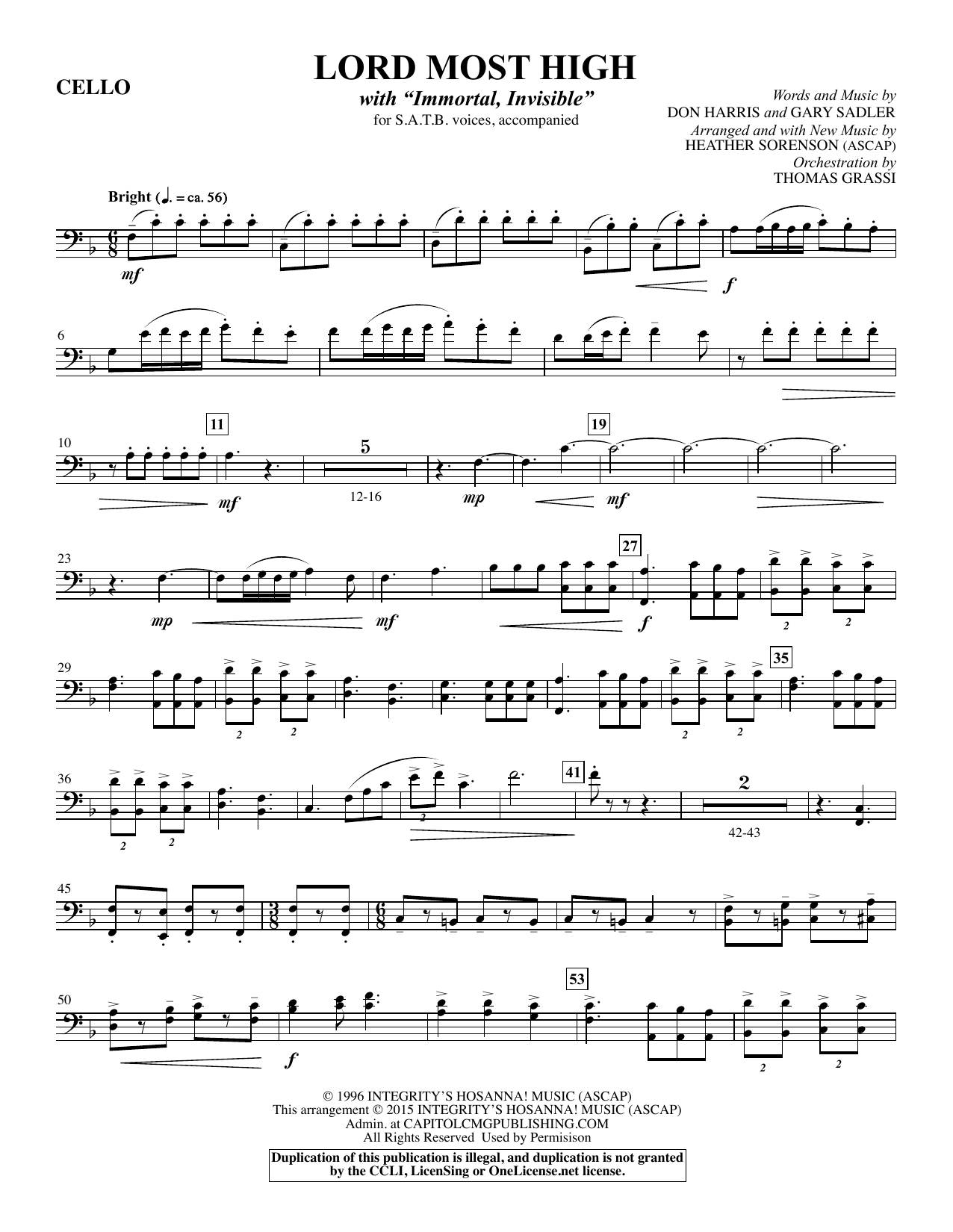 Preview Heather Sorenson Lord Most High - Cello Christian sheet music, notes and chords for Choir Instrumental Pak, SKU: 345191 Lord Most High - Cello sheet music