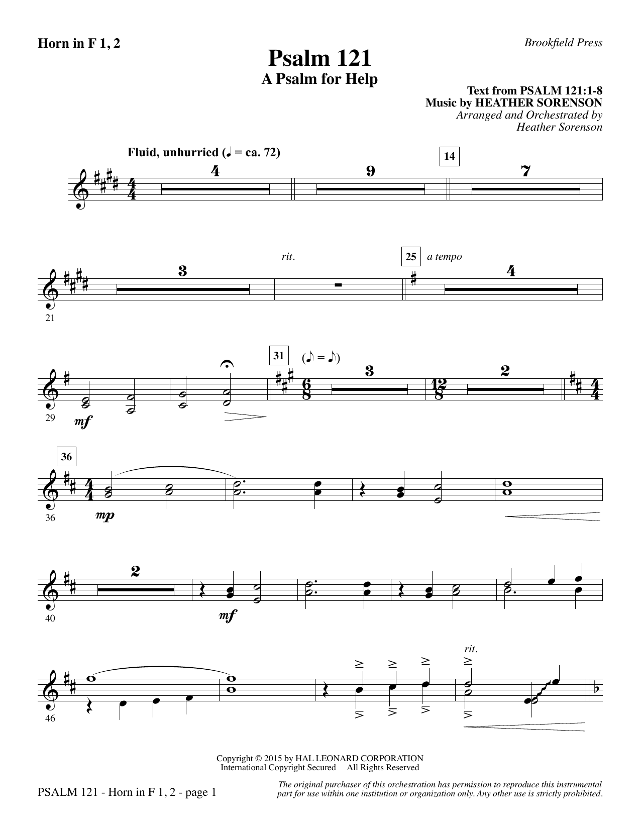 Preview Heather Sorenson Psalm 121 (A Psalm For Help) - F Horn 1 & 2 Christian sheet music, notes and chords for Choir Instrumental Pak, SKU: 345172 Psalm 121 (A Psalm For Help) - F Horn 1 & 2 sheet music