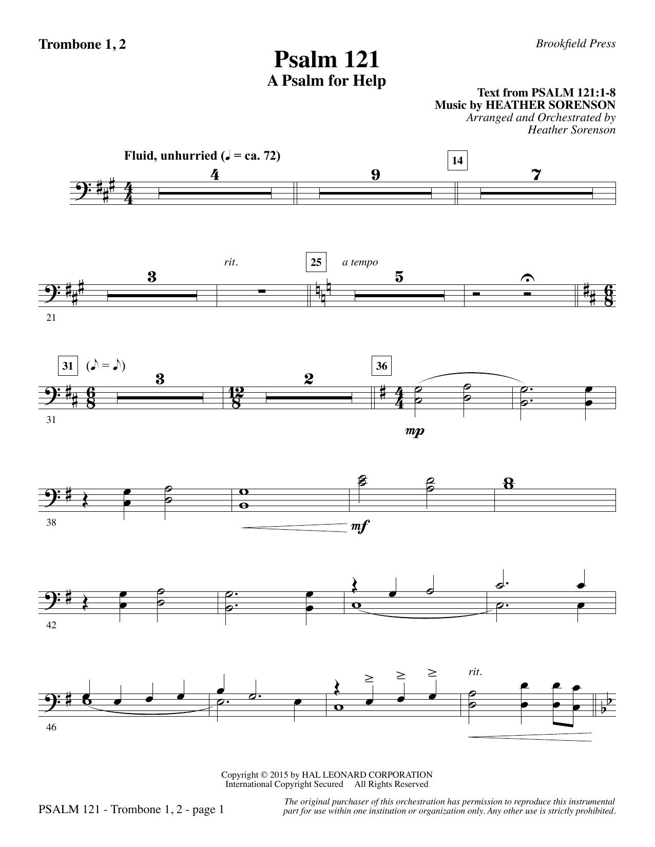 Preview Heather Sorenson Psalm 121 (A Psalm For Help) - Trombone 1 & 2 Christian sheet music, notes and chords for Choir Instrumental Pak, SKU: 345173 Psalm 121 (A Psalm For Help) - Trombone 1 & 2 sheet music