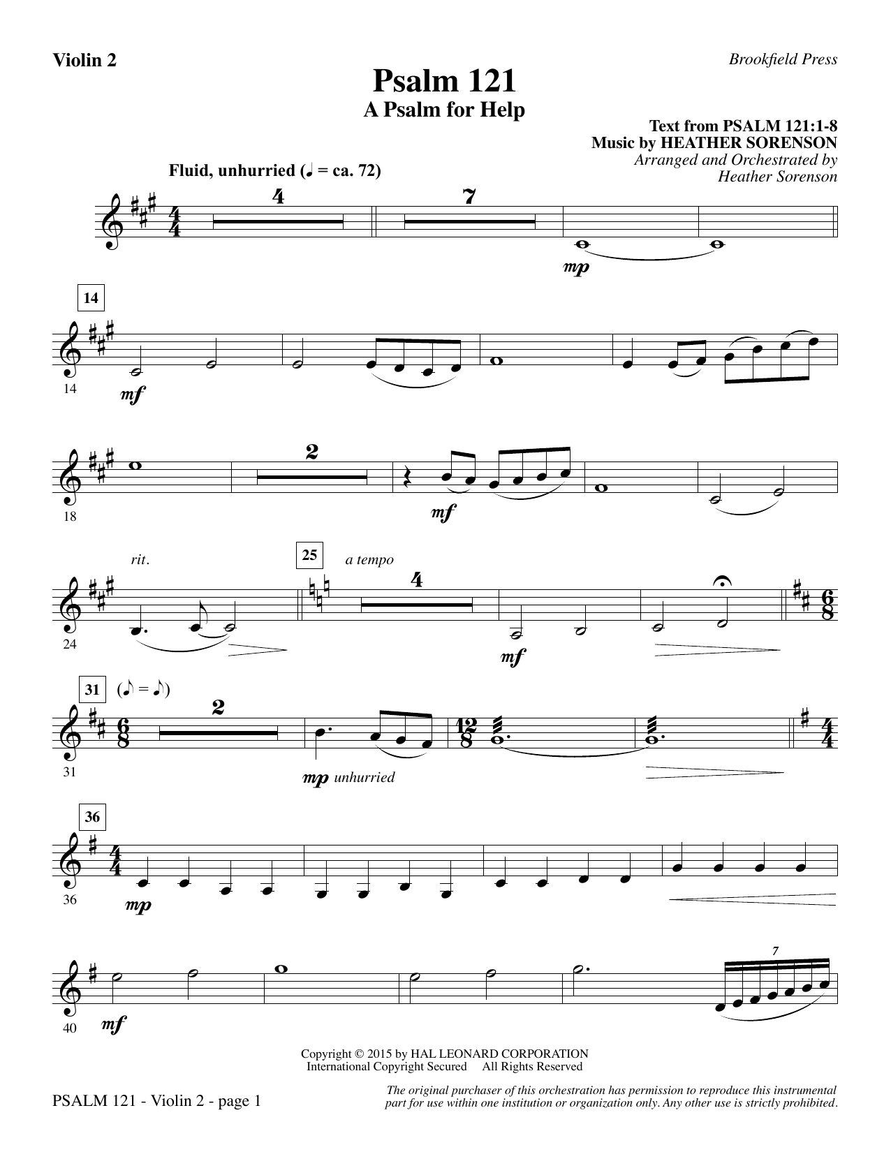 Preview Heather Sorenson Psalm 121 (A Psalm For Help) - Violin 2 Christian sheet music, notes and chords for Choir Instrumental Pak, SKU: 345178 Psalm 121 (A Psalm For Help) - Violin 2 sheet music