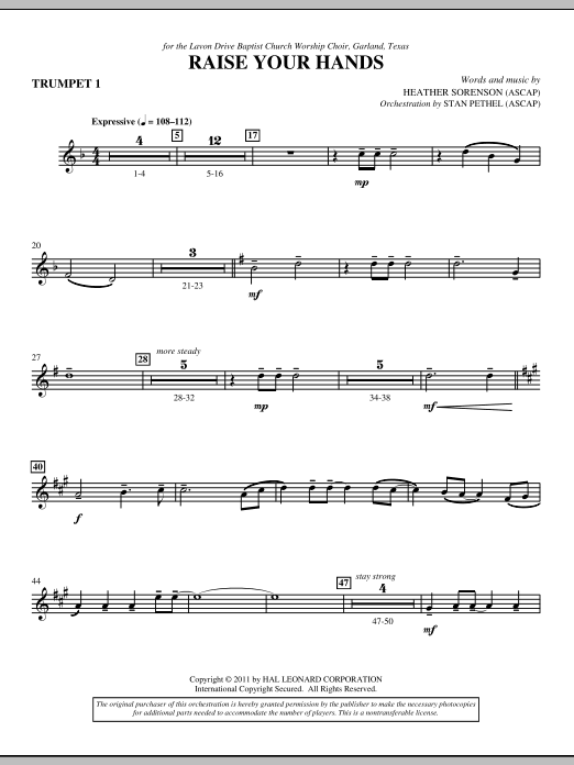 Preview Heather Sorenson Raise Your Hands - Bb Trumpet 1 Concert sheet music, notes and chords for Choir Instrumental Pak, SKU: 299322 Raise Your Hands - Bb Trumpet 1 sheet music
