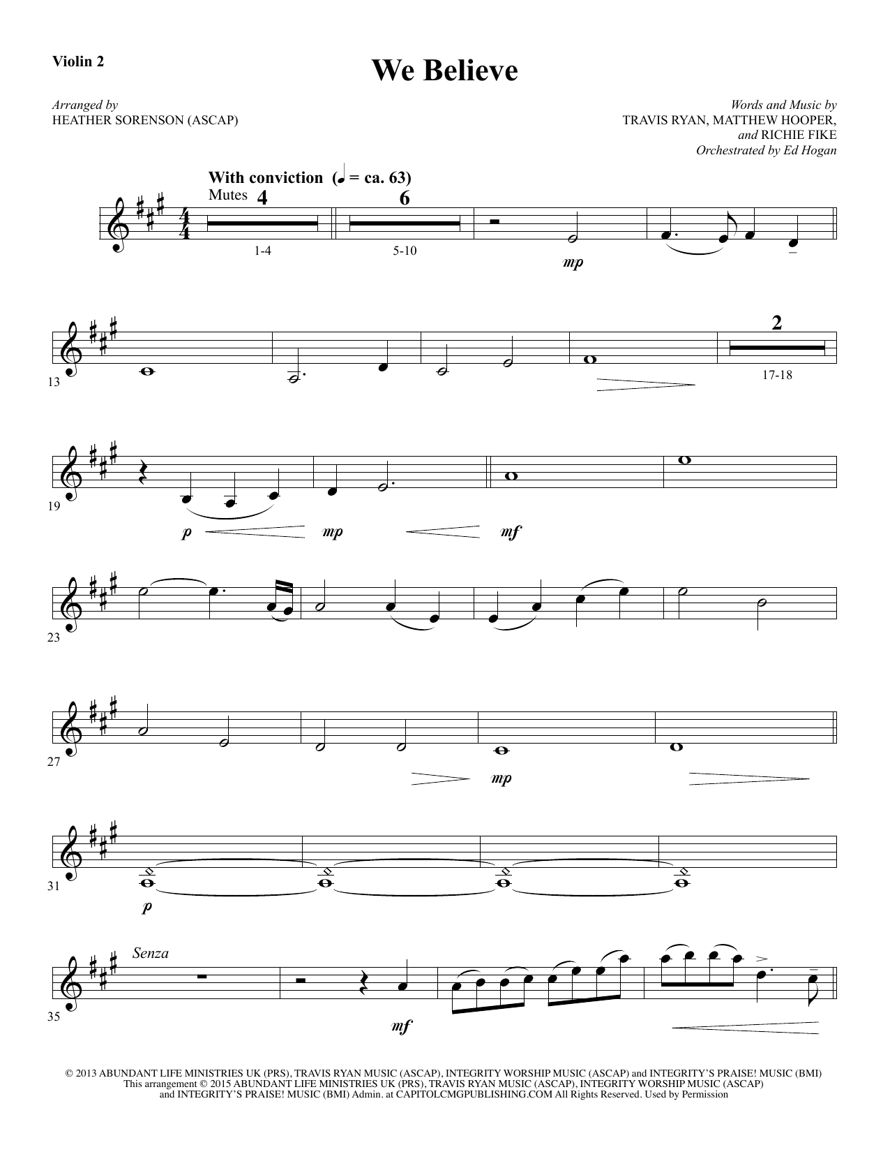 Preview Heather Sorenson We Believe - Violin 2 Christian sheet music, notes and chords for Choir Instrumental Pak, SKU: 342939 We Believe - Violin 2 sheet music