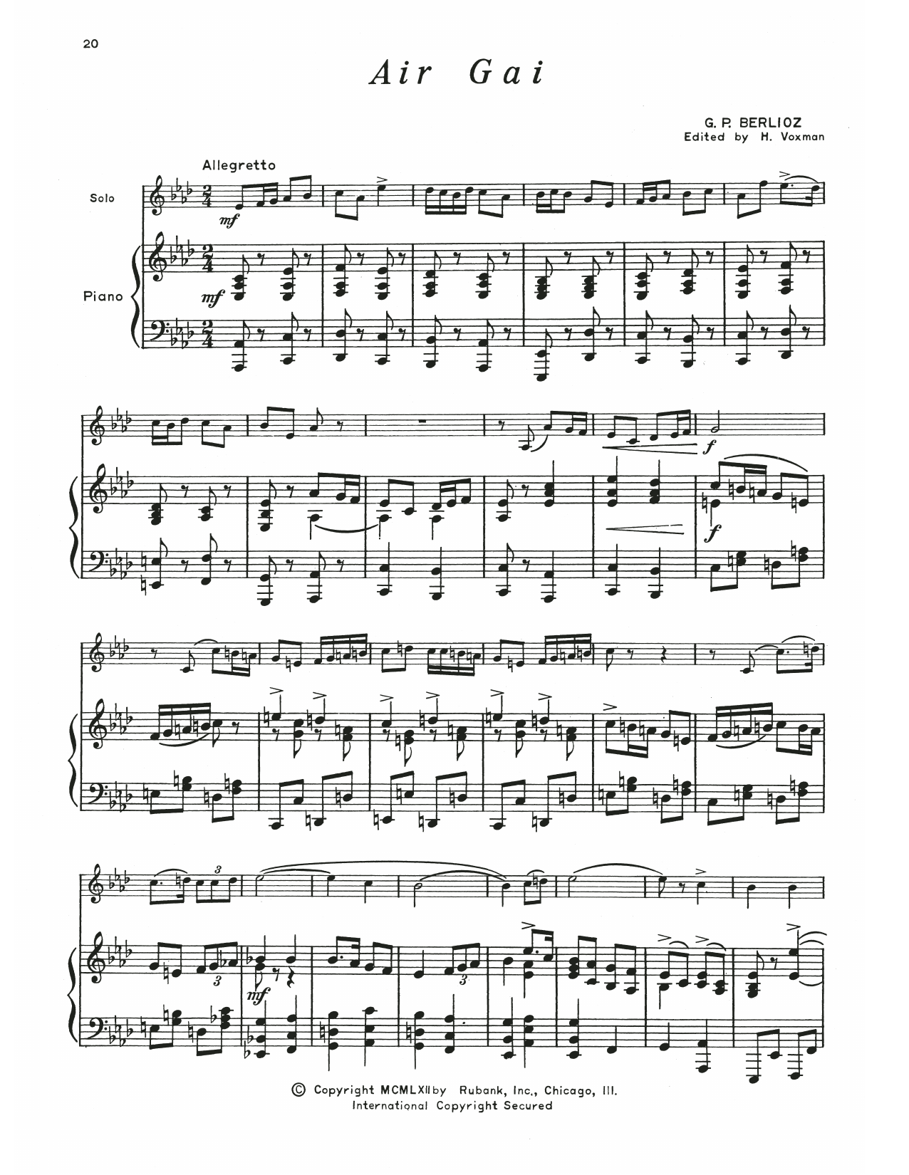 Hector Berlioz Air Gai Sheet Music Notes & Chords for Baritone B.C. and Piano - Download or Print PDF