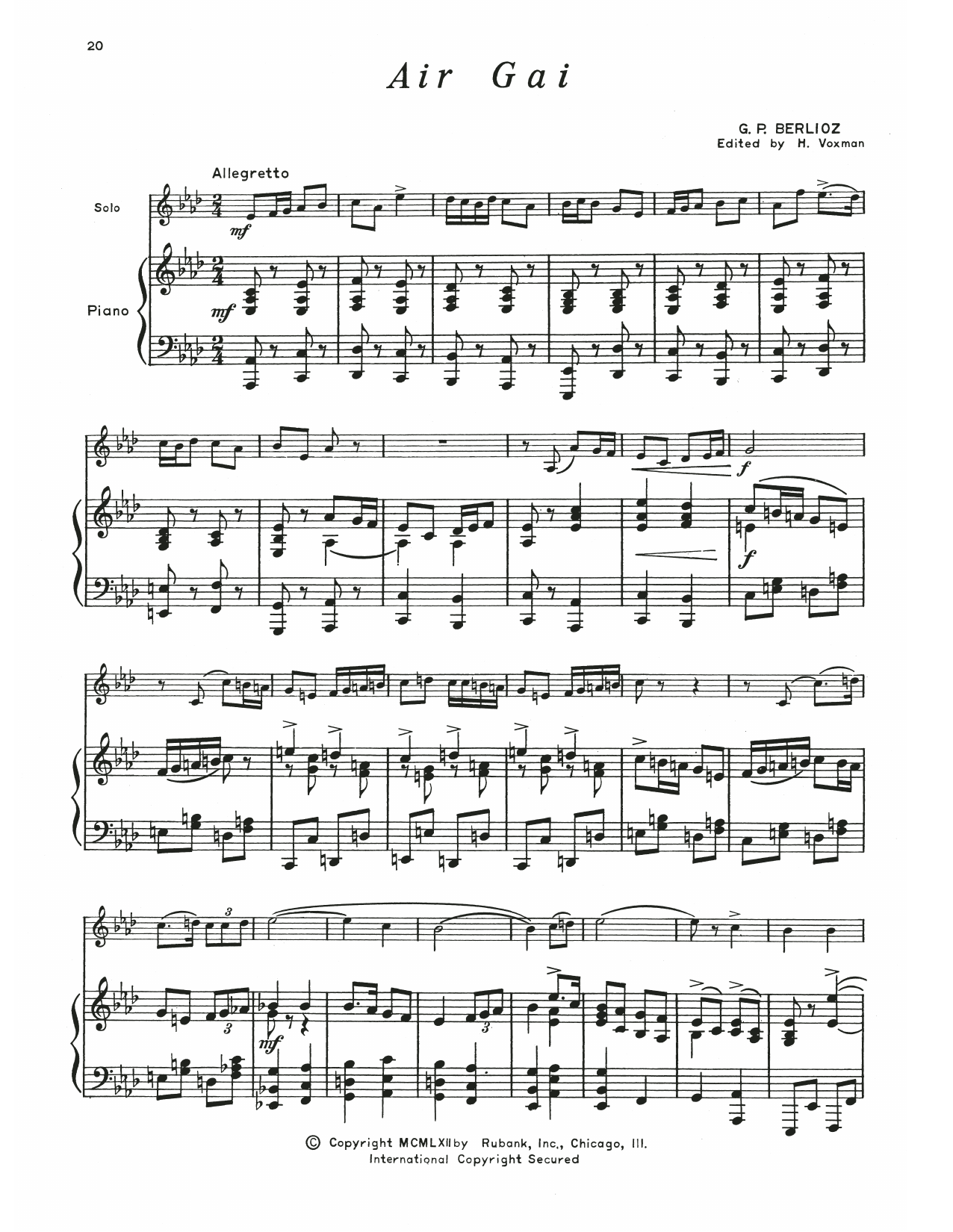 Hector Berlioz Air Gai Sheet Music Notes & Chords for Baritone T.C. and Piano - Download or Print PDF
