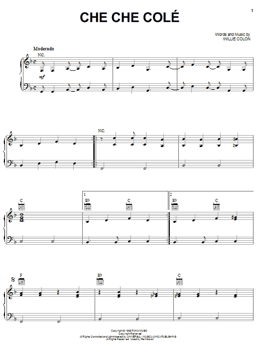 Hector Lavoe Che Che Cole Sheet Music Notes & Chords for Piano, Vocal & Guitar (Right-Hand Melody) - Download or Print PDF