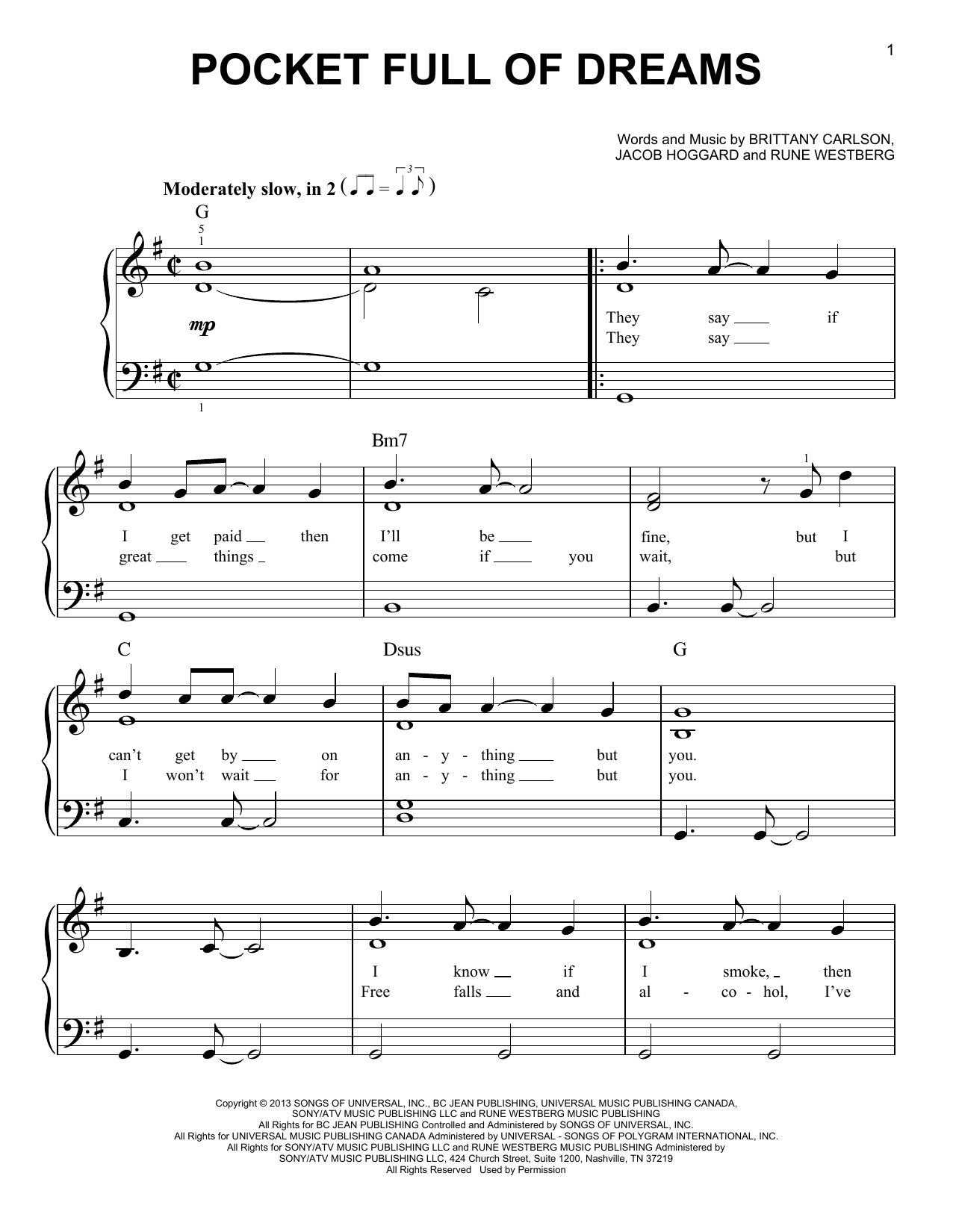 Hedley Pocket Full Of Dreams Sheet Music Notes & Chords for Easy Piano - Download or Print PDF