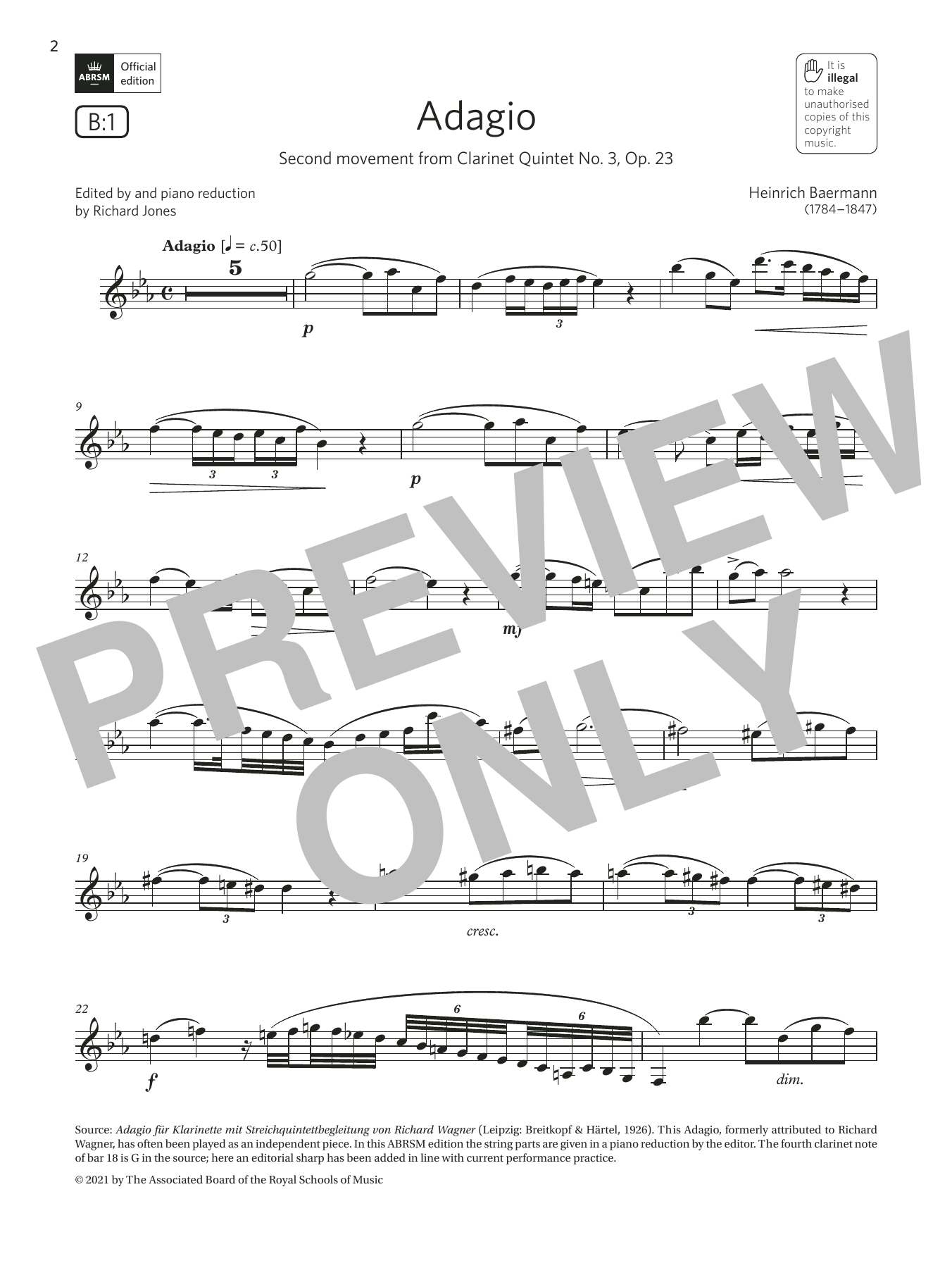 Heinrich Baermann Adagio (from Clarinet Quintet No. 3) (Grade 6 List B1 from the ABRSM Clarinet syllabus from 2022) Sheet Music Notes & Chords for Clarinet Solo - Download or Print PDF