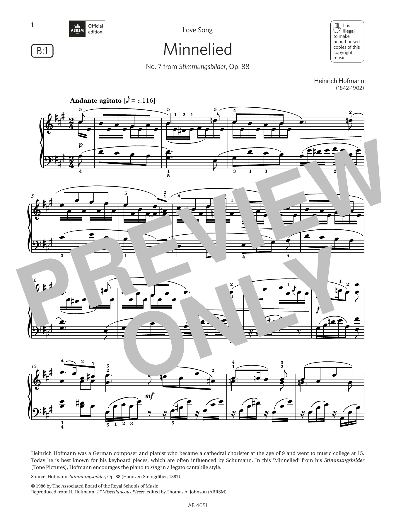 Heinrich Hofmann Minnelied (Grade 5, list B1, from the ABRSM Piano Syllabus 2023 & 2024) Sheet Music Notes & Chords for Piano Solo - Download or Print PDF