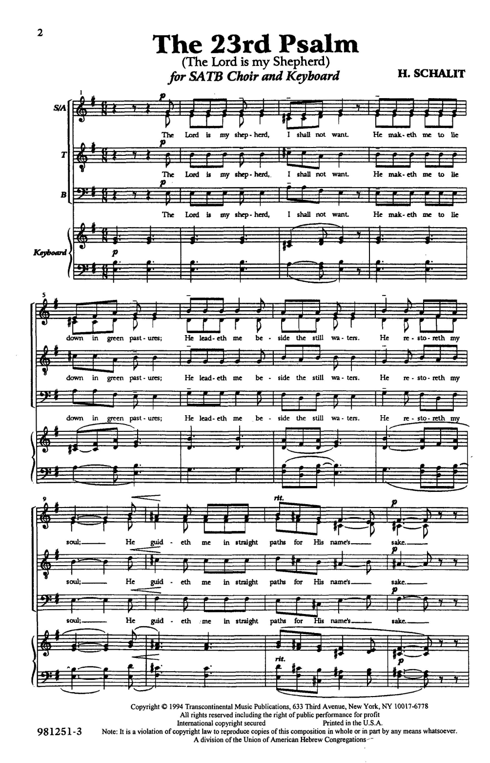 Heinrich Schalit The 23rd Psalm Sheet Music Notes & Chords for SATB Choir - Download or Print PDF