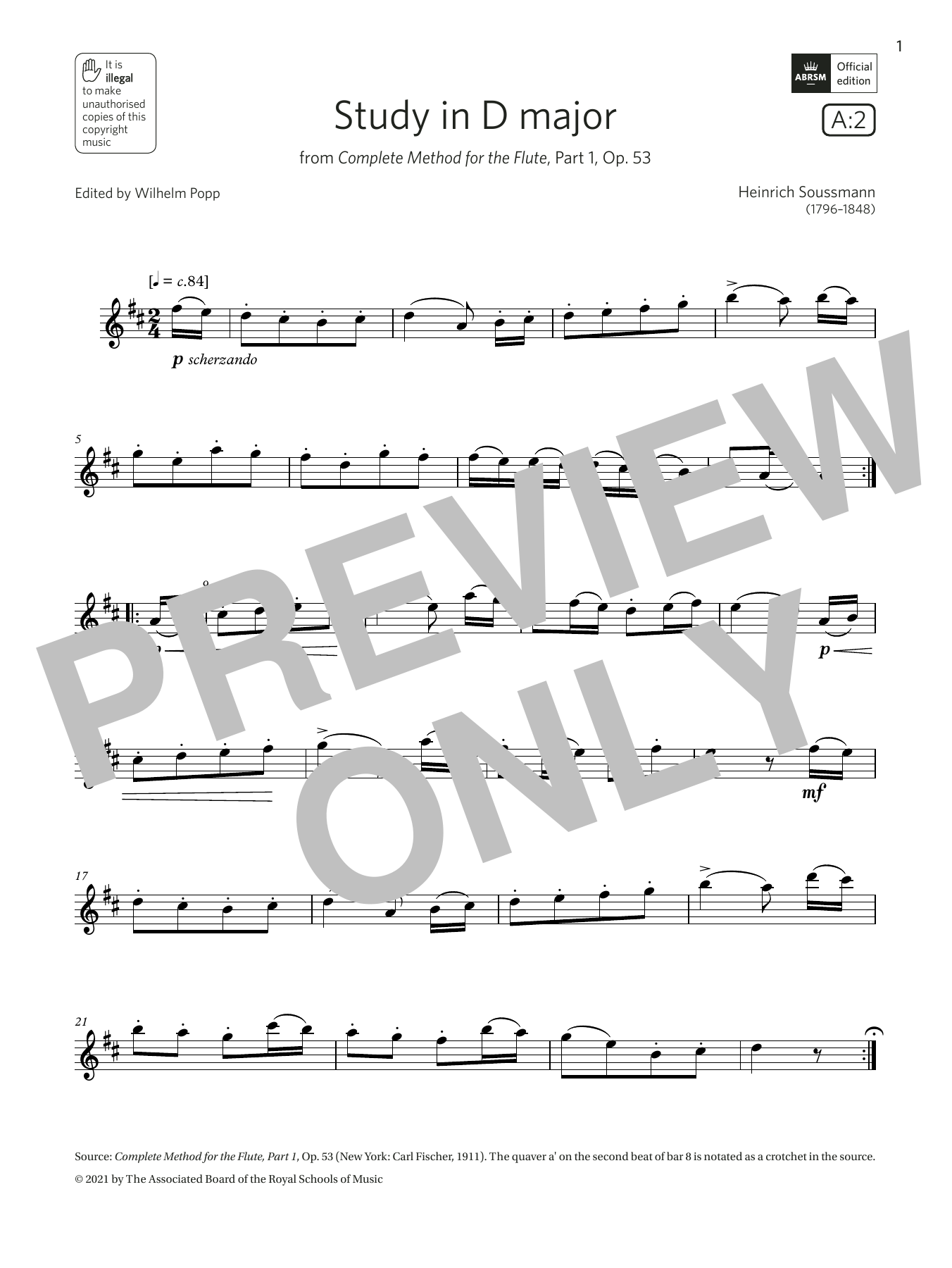 Heinrich Soussmann Study in D major (Grade 2 List A2 from the ABRSM Flute syllabus from 2022) Sheet Music Notes & Chords for Flute Solo - Download or Print PDF