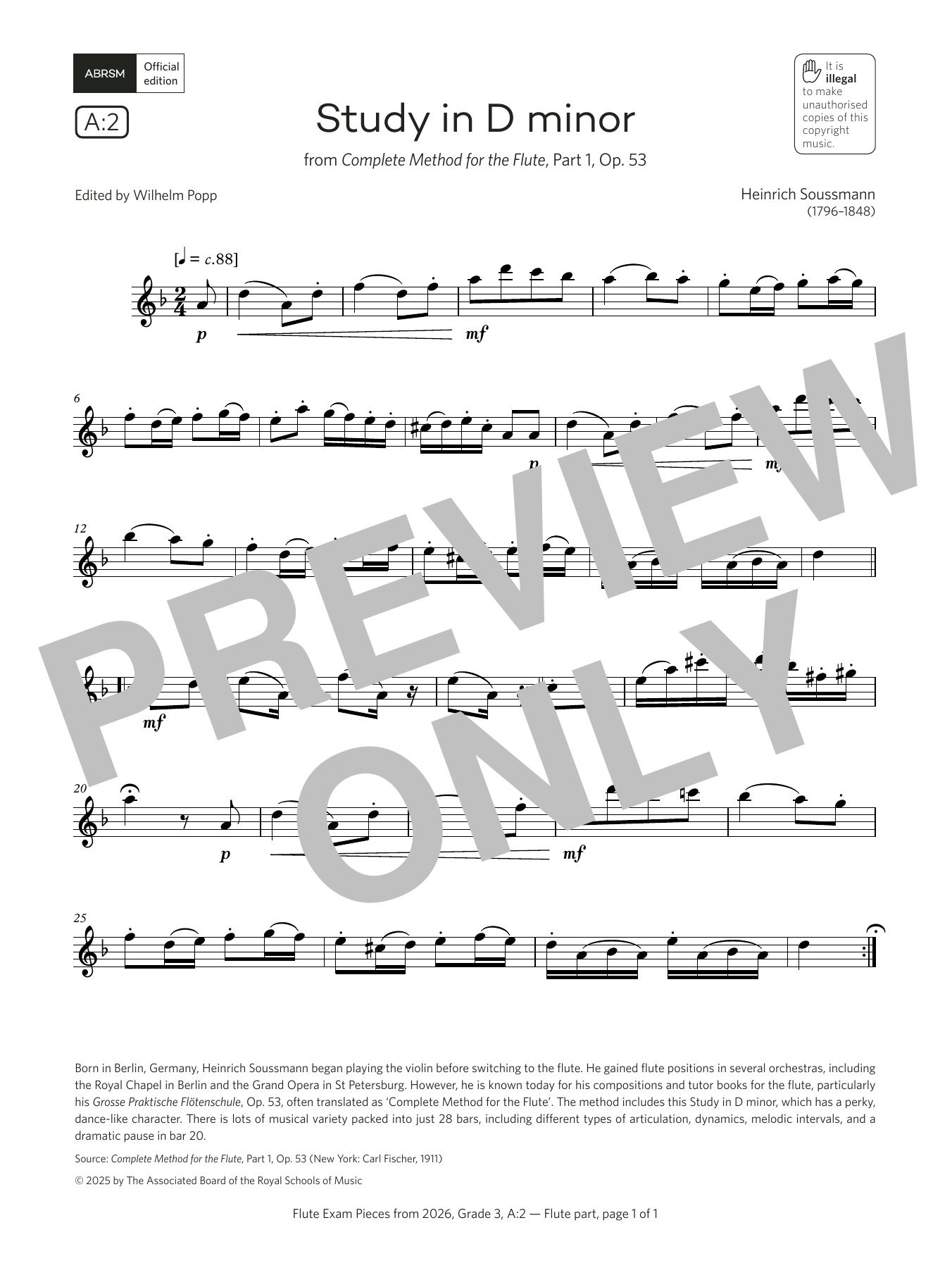 Heinrich Soussmann Study in D minor (Grade 3, list A2, from the ABRSM Flute Syllabus from 2026) Sheet Music Notes & Chords for Flute Solo - Download or Print PDF Heinrich Soussmann Study in D minor (Grade 3, list A2, from the ABRSM Flute Syllabus from 2026) Sheet Music Notes & Chords for Flute Solo - Download or Print PDF