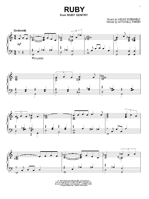 Heinz Roemheld Ruby Sheet Music Notes & Chords for Piano - Download or Print PDF Heinz Roemheld Ruby Sheet Music Notes & Chords for Piano - Download or Print PDF