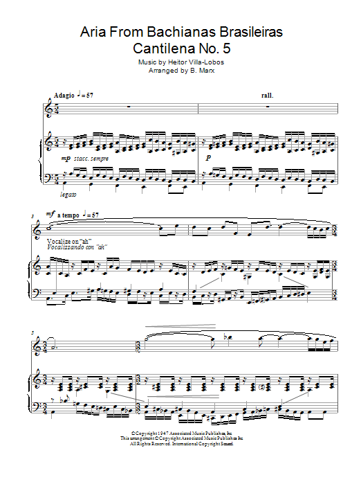Heitor Villa-Lobos Aria From Bachianas Brasileiras Cantilena No. 5 Sheet Music Notes & Chords for Piano & Vocal - Download or Print PDF