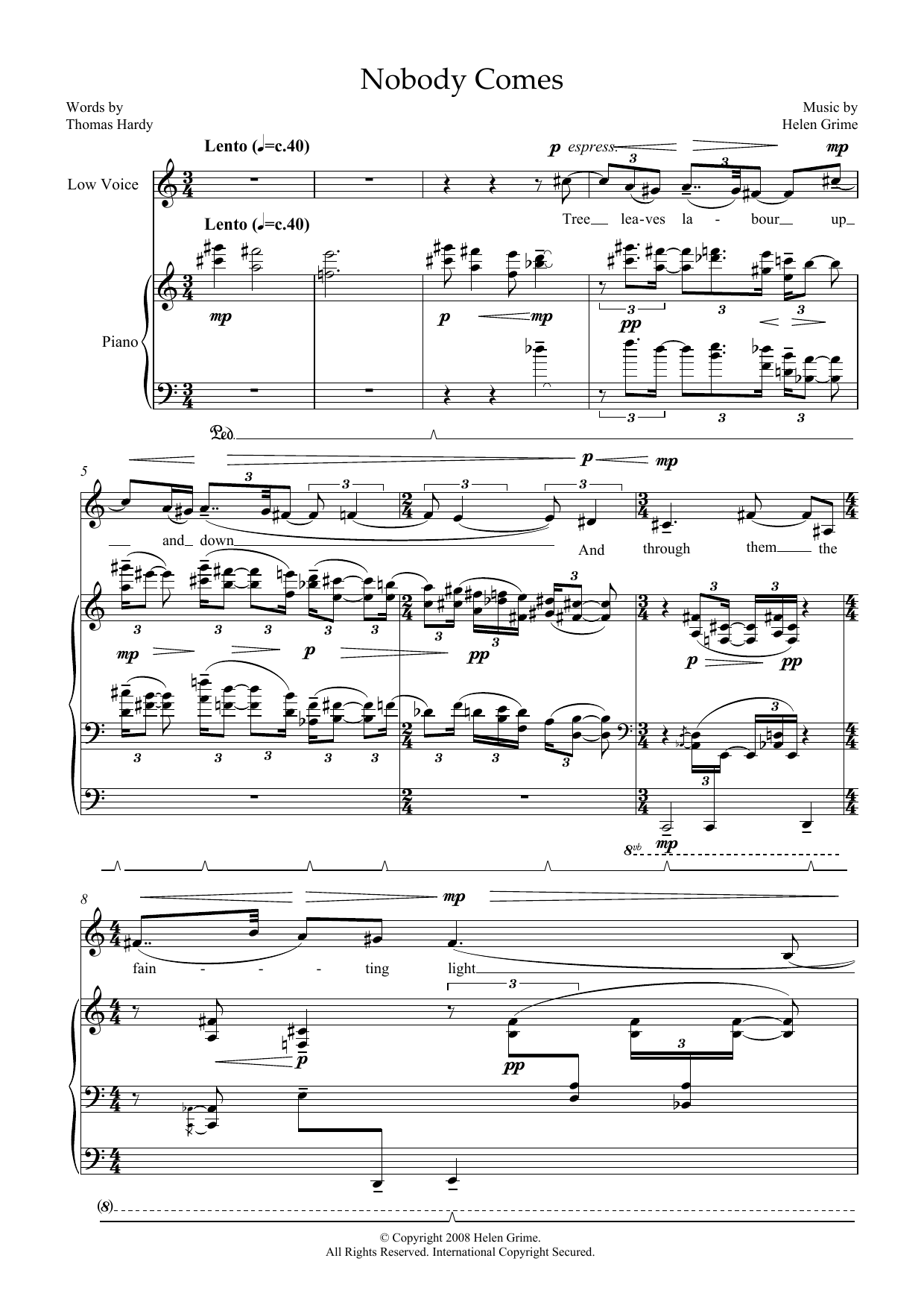 Helen Grime Nobody Comes (for low voice and piano) Sheet Music Notes & Chords for Piano & Vocal - Download or Print PDF