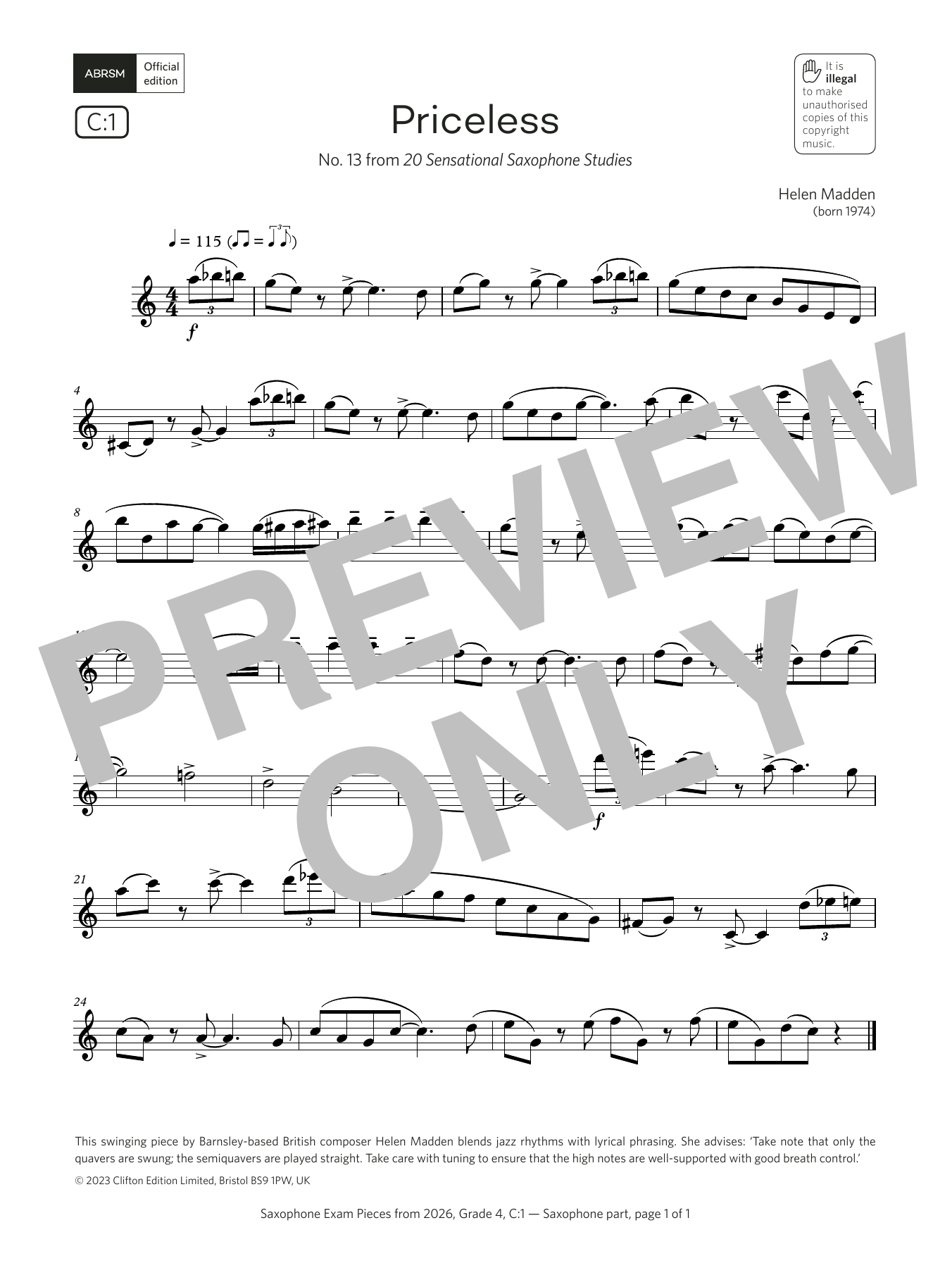 Helen Madden Priceless (Grade 4, list C1, from the ABRSM Saxophone Syllabus from 2026) Sheet Music Notes & Chords for Alto Sax Solo - Download or Print PDF Helen Madden Priceless (Grade 4, list C1, from the ABRSM Saxophone Syllabus from 2026) Sheet Music Notes & Chords for Alto Sax Solo - Download or Print PDF