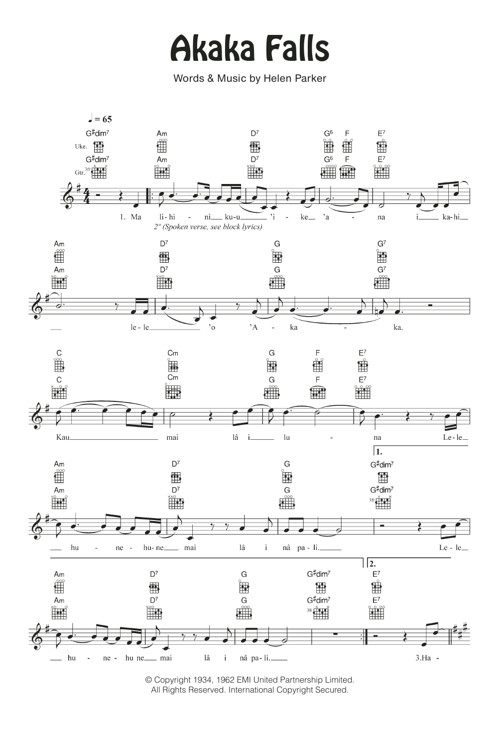 Helen Parker Akaka Falls Sheet Music Notes & Chords for Ukulele - Download or Print PDF