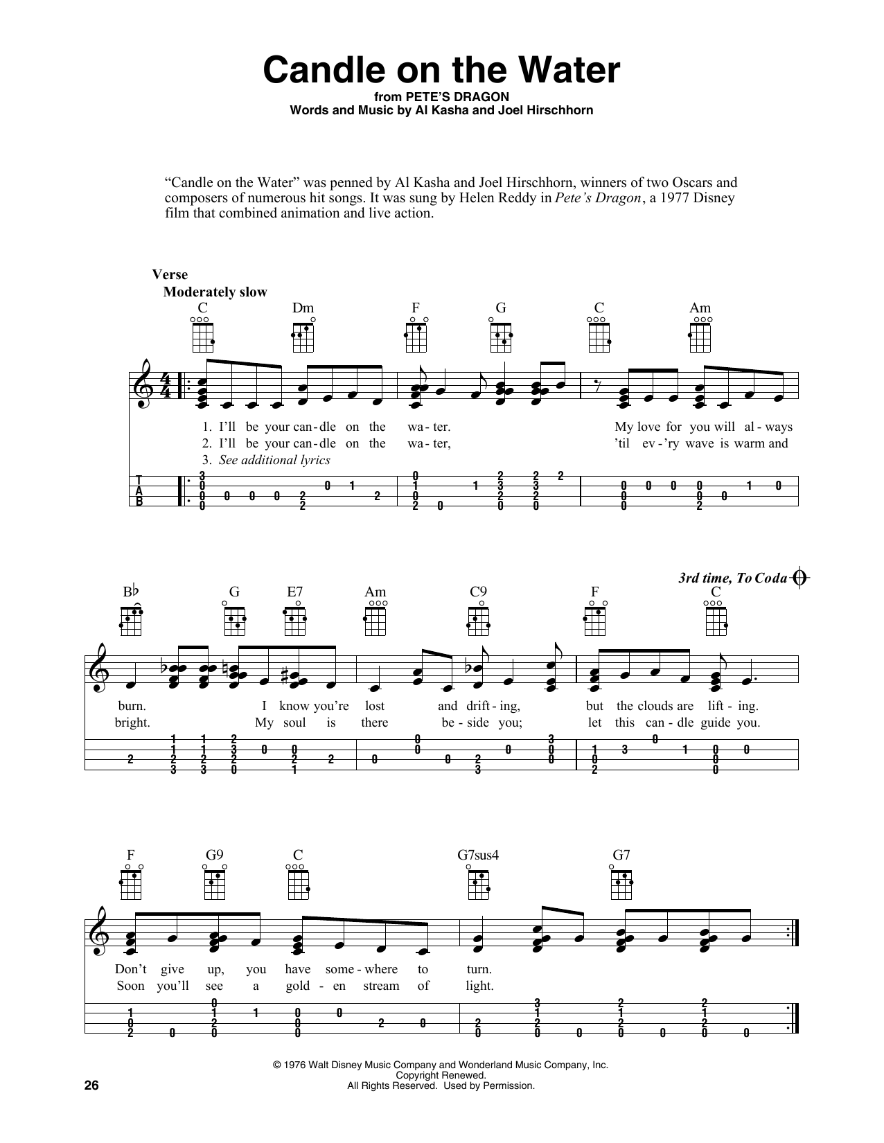 Al Kasha Candle On The Water (from Pete's Dragon) (arr. Fred Sokolow) Sheet Music Notes & Chords for Easy Ukulele Tab - Download or Print PDF