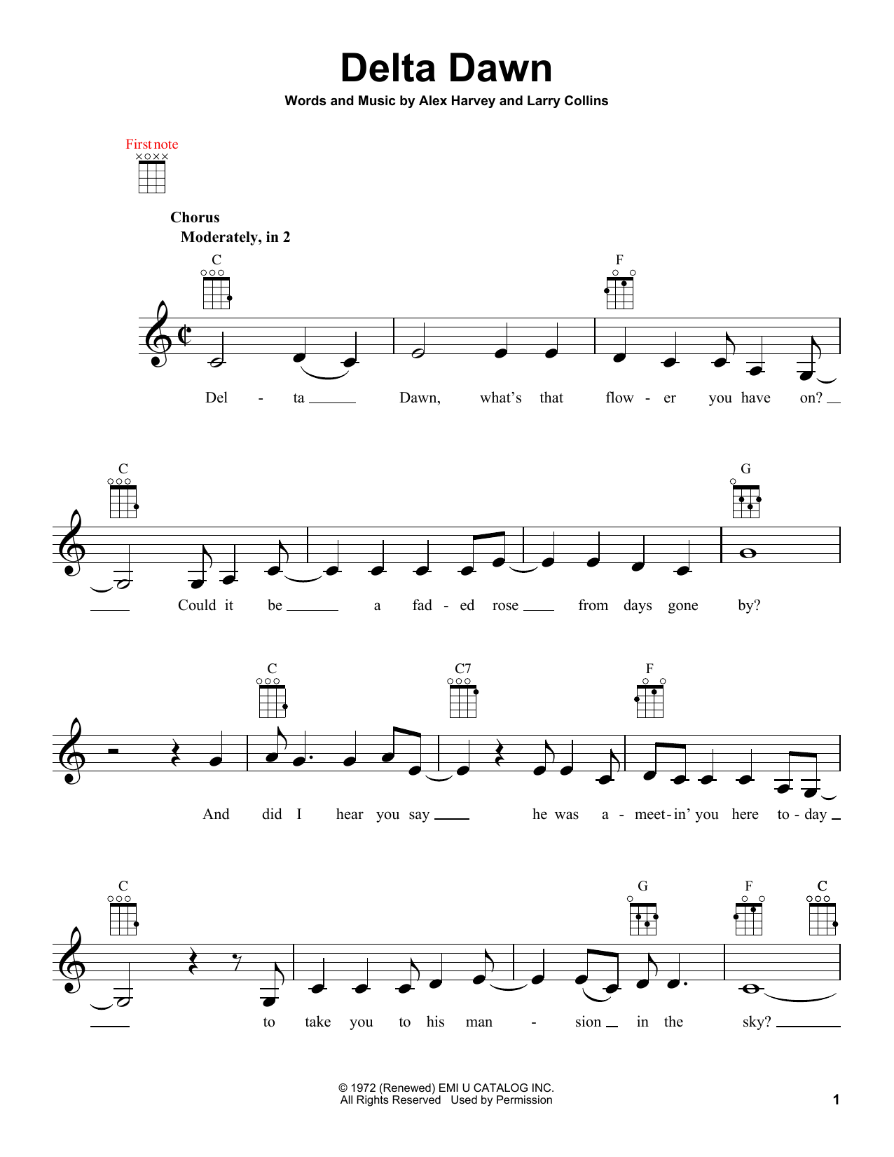 Helen Reddy Delta Dawn Sheet Music Notes & Chords for Ukulele - Download or Print PDF