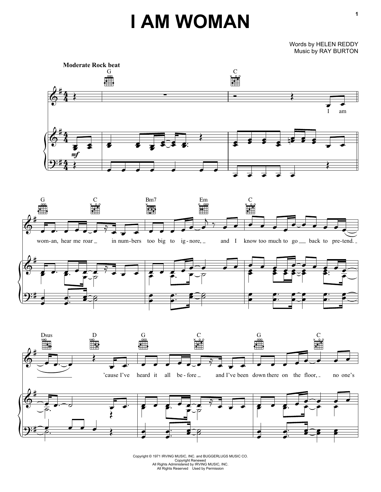 Helen Reddy I Am Woman Sheet Music Notes & Chords for Piano, Vocal & Guitar (Right-Hand Melody) - Download or Print PDF