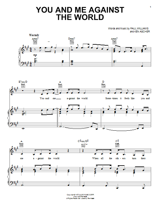 Helen Reddy You And Me Against The World Sheet Music Notes & Chords for Piano, Vocal & Guitar (Right-Hand Melody) - Download or Print PDF