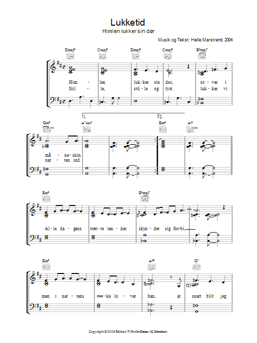 Helle Marstrand Lukketid Sheet Music Notes & Chords for Piano, Vocal & Guitar (Right-Hand Melody) - Download or Print PDF
