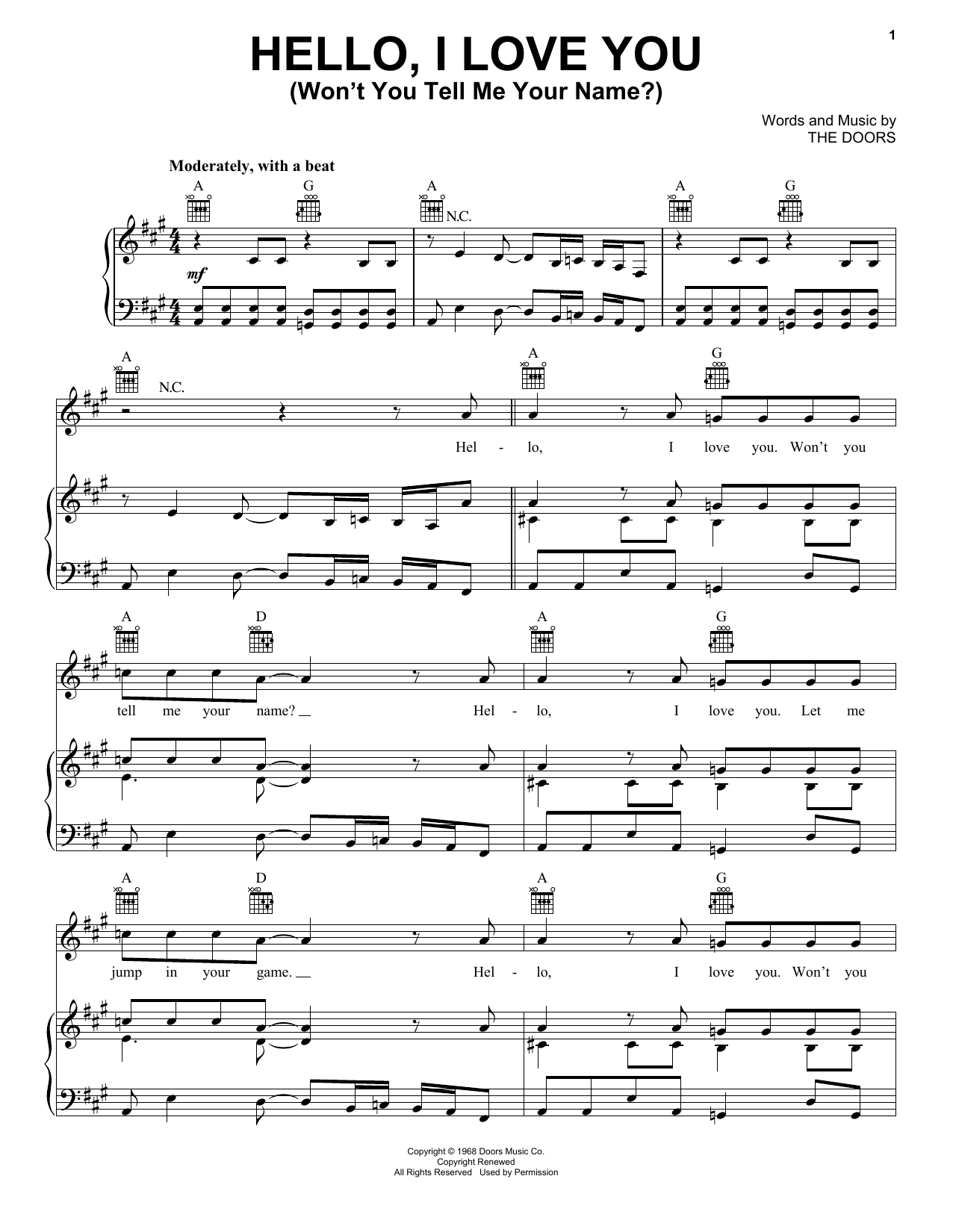 The Doors Hello I Love You Won T You Tell Me Your Name Sheet Music Download Pdf Score