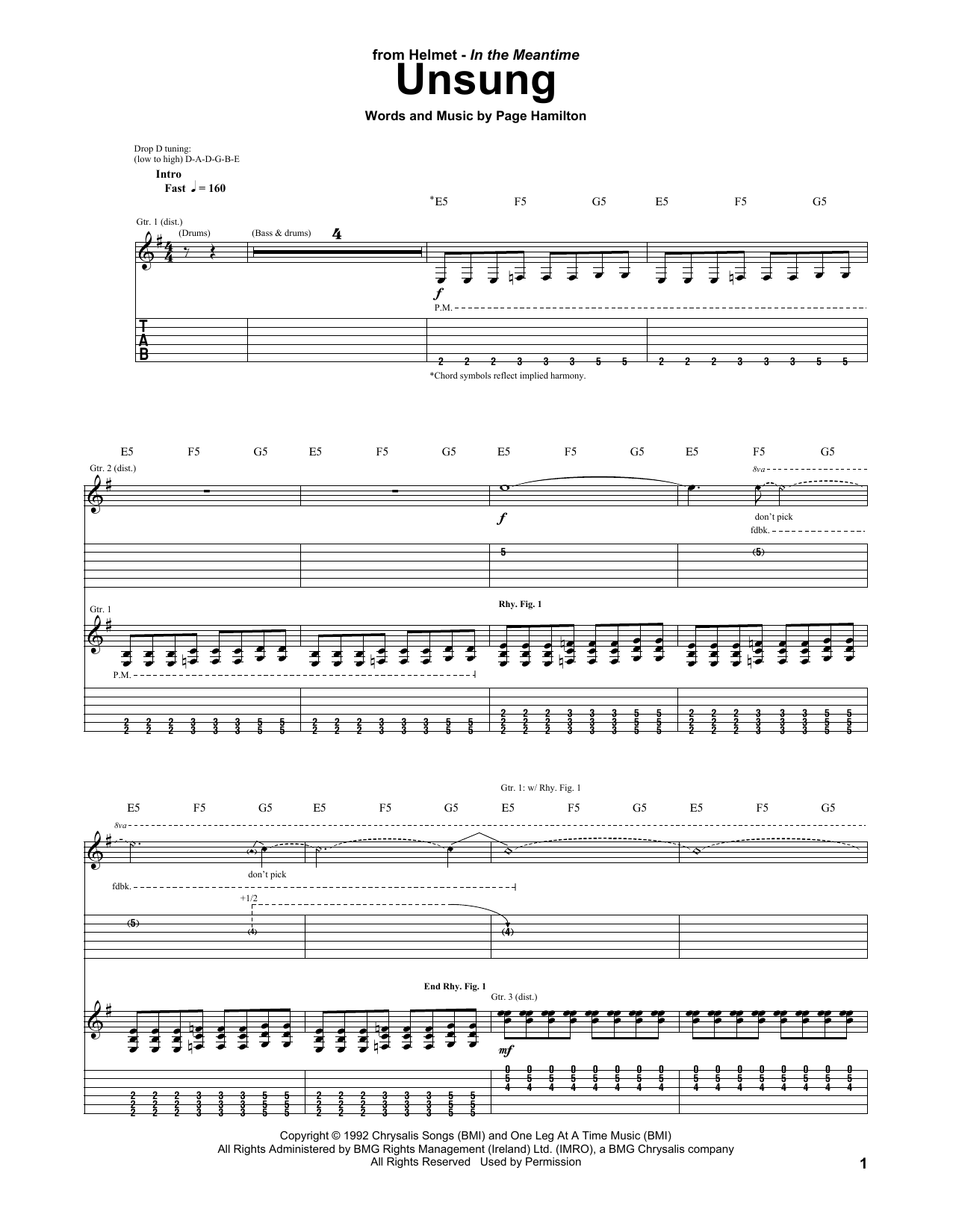 Helmet Unsung Sheet Music Notes & Chords for Guitar Tab - Download or Print PDF