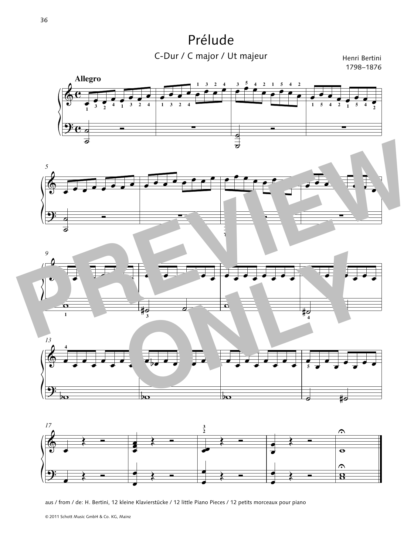 Henri Bertini Prélude C major Sheet Music Notes & Chords for Piano Solo - Download or Print PDF