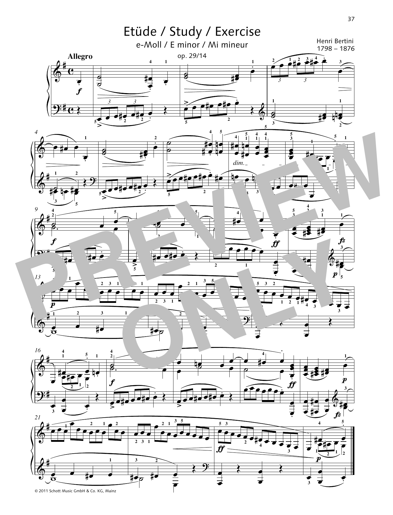 Henri Bertini Study E minor Sheet Music Notes & Chords for Piano Solo - Download or Print PDF