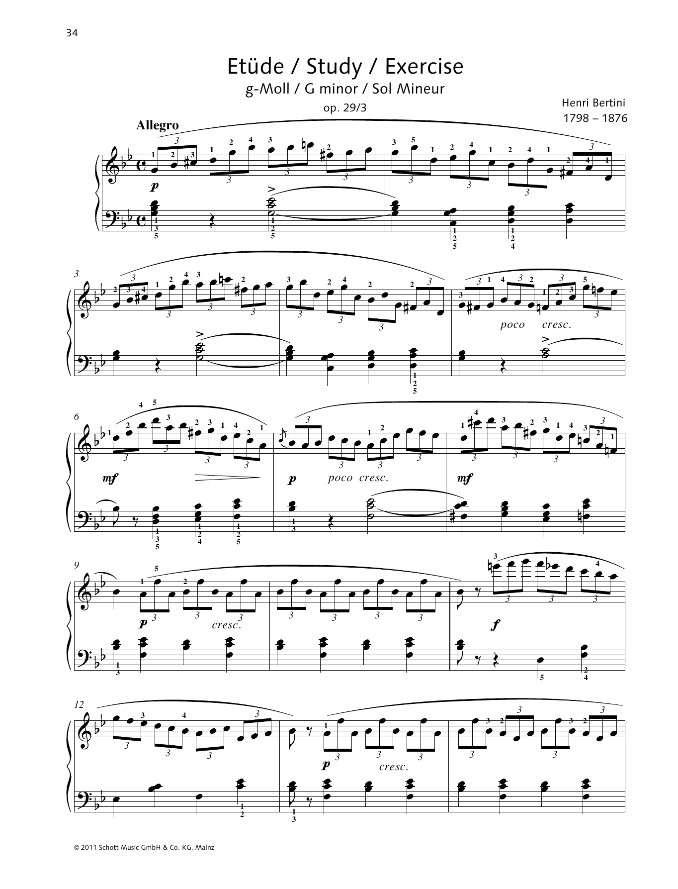 Henri Bertini Study G minor Sheet Music Notes & Chords for Piano Solo - Download or Print PDF
