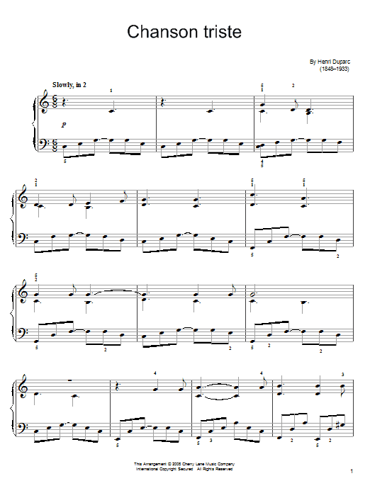 Henri Duparc Chanson Triste Sheet Music Notes & Chords for Easy Piano - Download or Print PDF