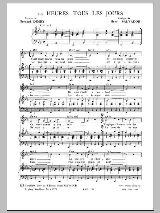 Henri Salvador 24 Heures Tous Les Jours Sheet Music Notes & Chords for Piano & Vocal - Download or Print PDF