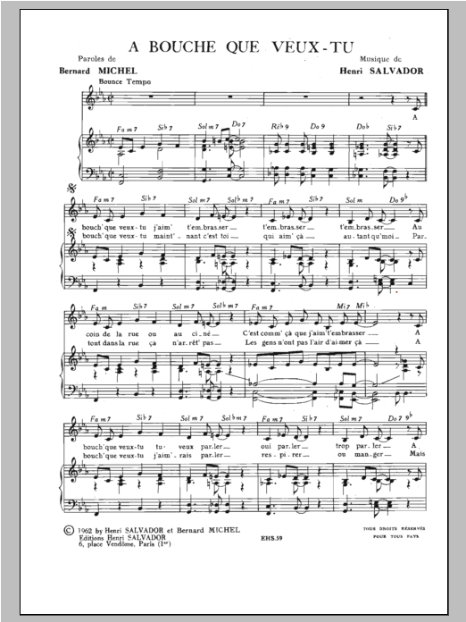 Henri Salvador A Bouche Que Veux-Tu Sheet Music Notes & Chords for Piano & Vocal - Download or Print PDF