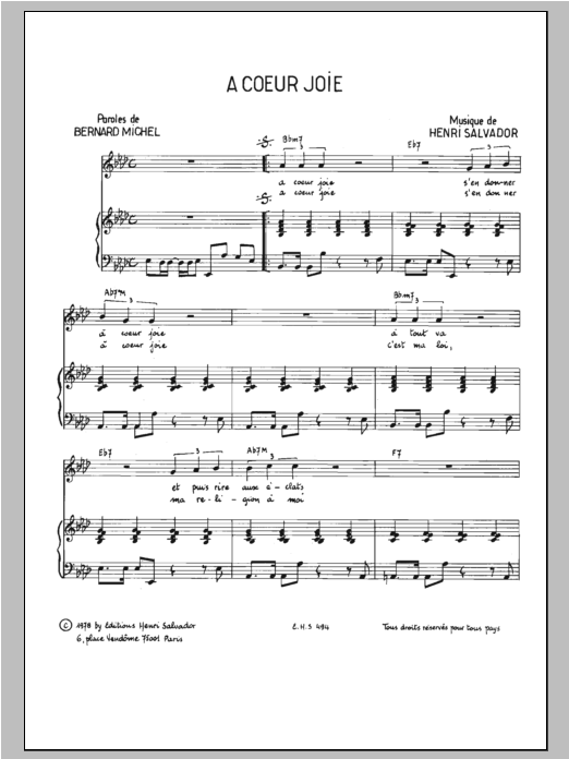 Henri Salvador A Coeur Joie Sheet Music Notes & Chords for Piano & Vocal - Download or Print PDF