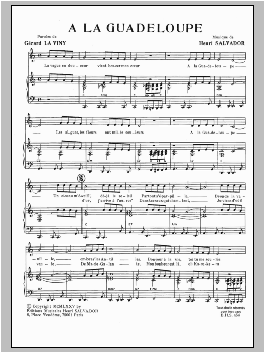 Henri Salvador A La Guadeloupe Sheet Music Notes & Chords for Piano & Vocal - Download or Print PDF