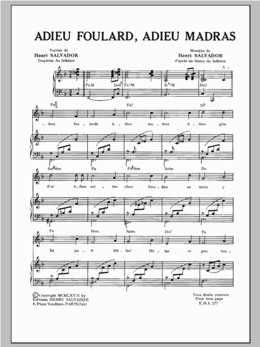 Henri Salvador Adieu Foulard Adieu Madras Sheet Music Notes & Chords for Piano & Vocal - Download or Print PDF
