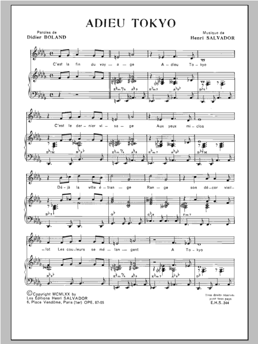 Henri Salvador Adieu Tokio Sheet Music Notes & Chords for Piano & Vocal - Download or Print PDF