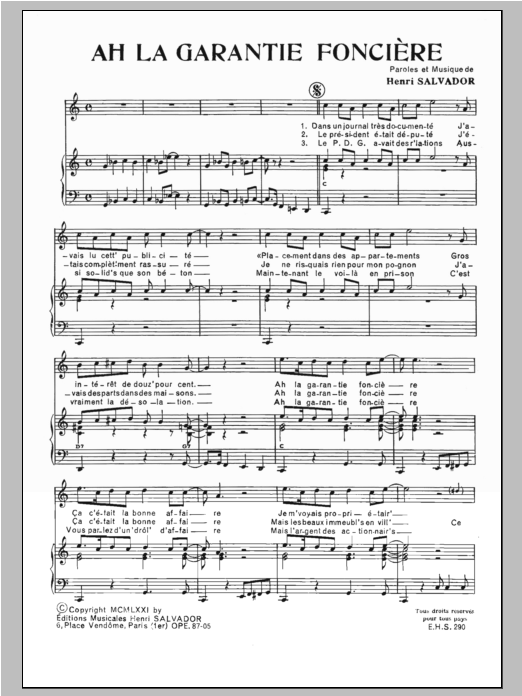 Henri Salvador Ah! La Garantie Fonciere Sheet Music Notes & Chords for Piano & Vocal - Download or Print PDF