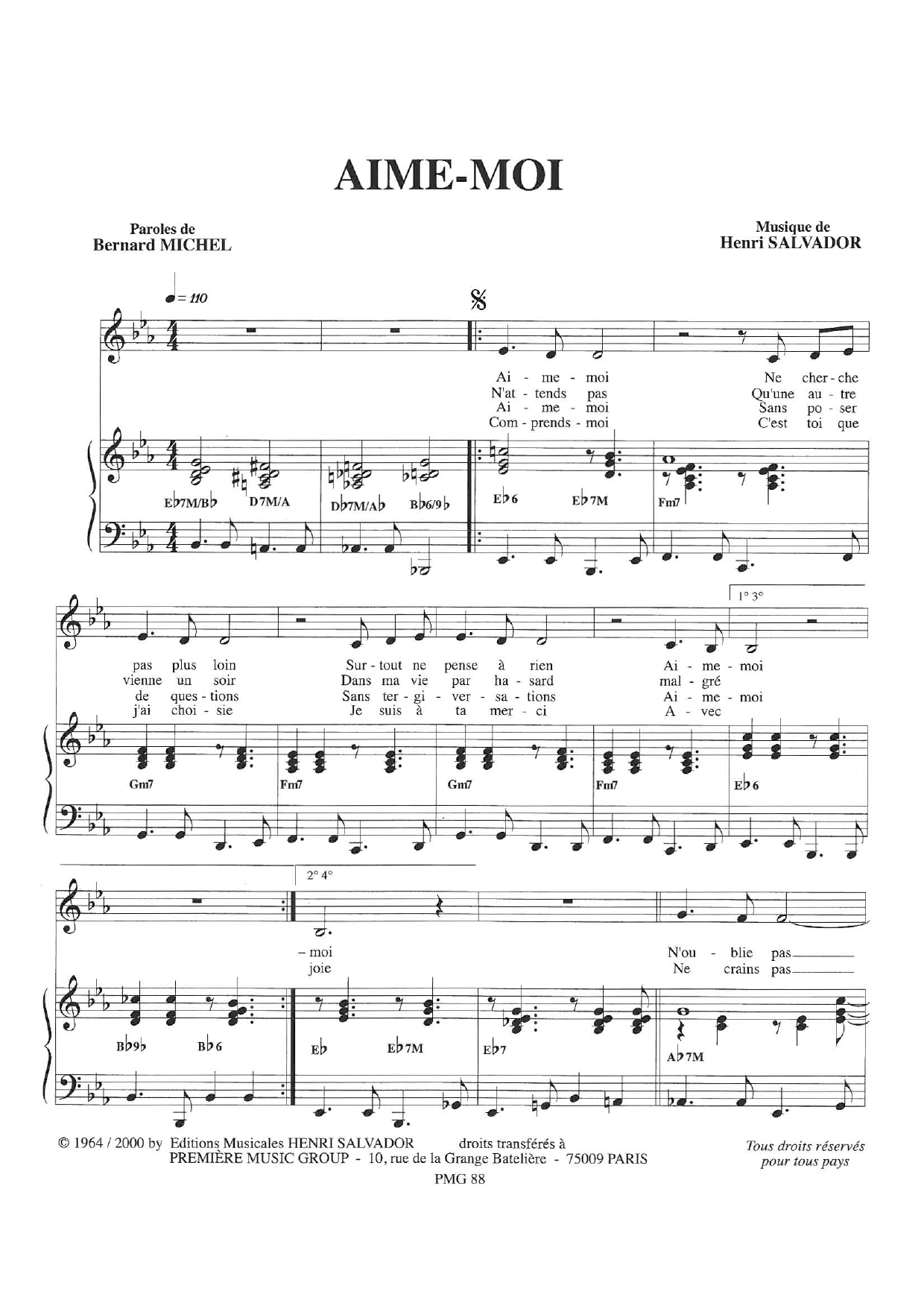 Henri Salvador Aime-Moi Sheet Music Notes & Chords for Piano & Vocal - Download or Print PDF