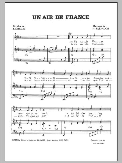 Henri Salvador Air De France Sheet Music Notes & Chords for Piano & Vocal - Download or Print PDF