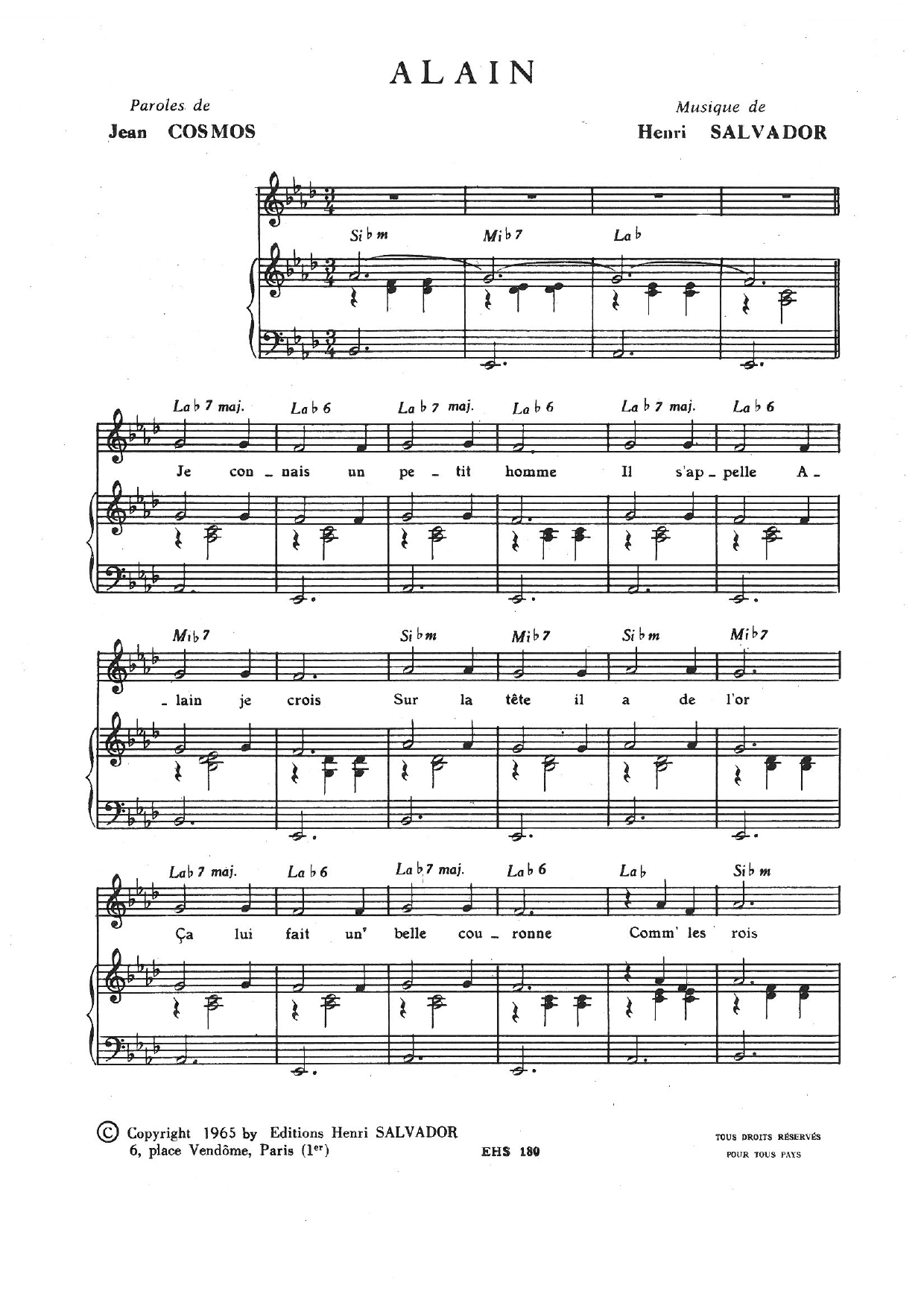 Henri Salvador Alain Sheet Music Notes & Chords for Piano & Vocal - Download or Print PDF