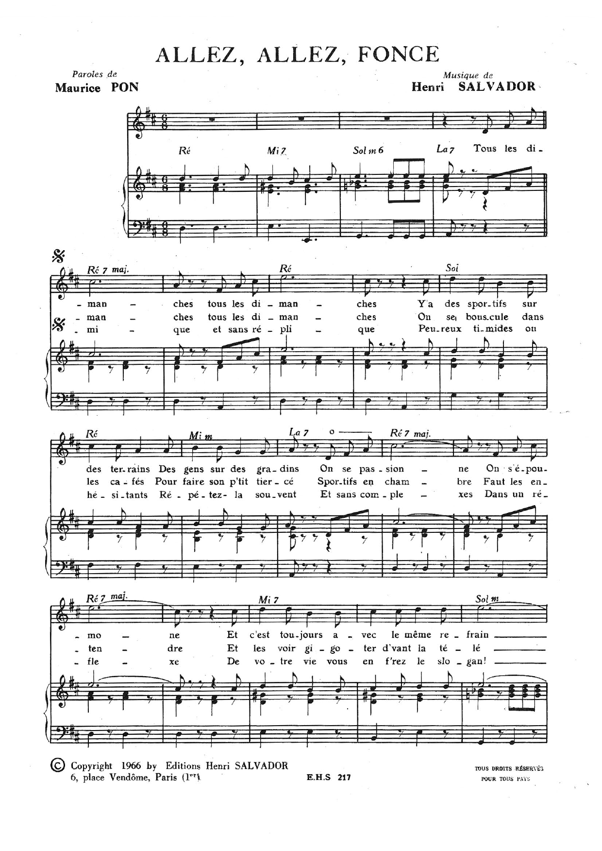 Henri Salvador Allez Allez Fonce Sheet Music Notes & Chords for Piano & Vocal - Download or Print PDF