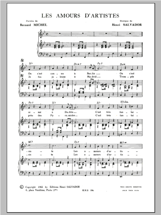 Henri Salvador Amours D'artistes Sheet Music Notes & Chords for Piano & Vocal - Download or Print PDF