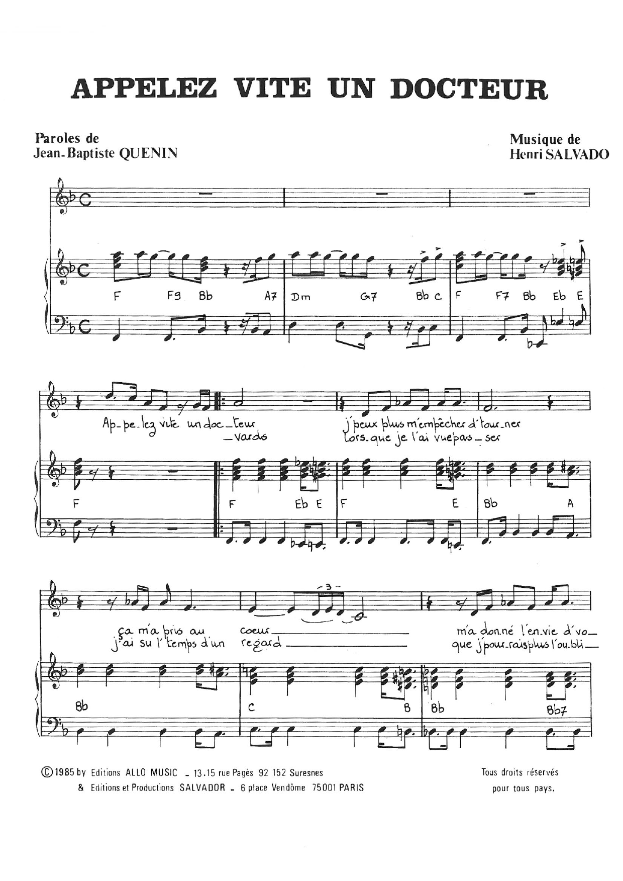 Henri Salvador Appelez Vite Un Docteur Sheet Music Notes & Chords for Piano & Vocal - Download or Print PDF