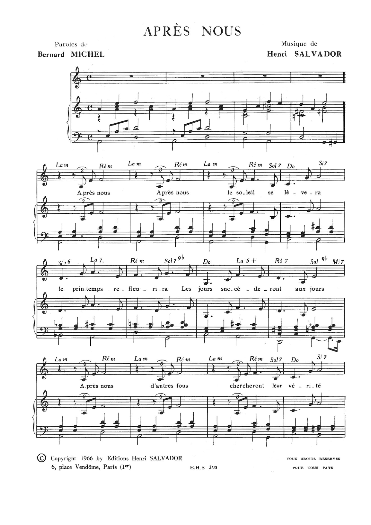 Henri Salvador Apres Nous Sheet Music Notes & Chords for Piano & Vocal - Download or Print PDF