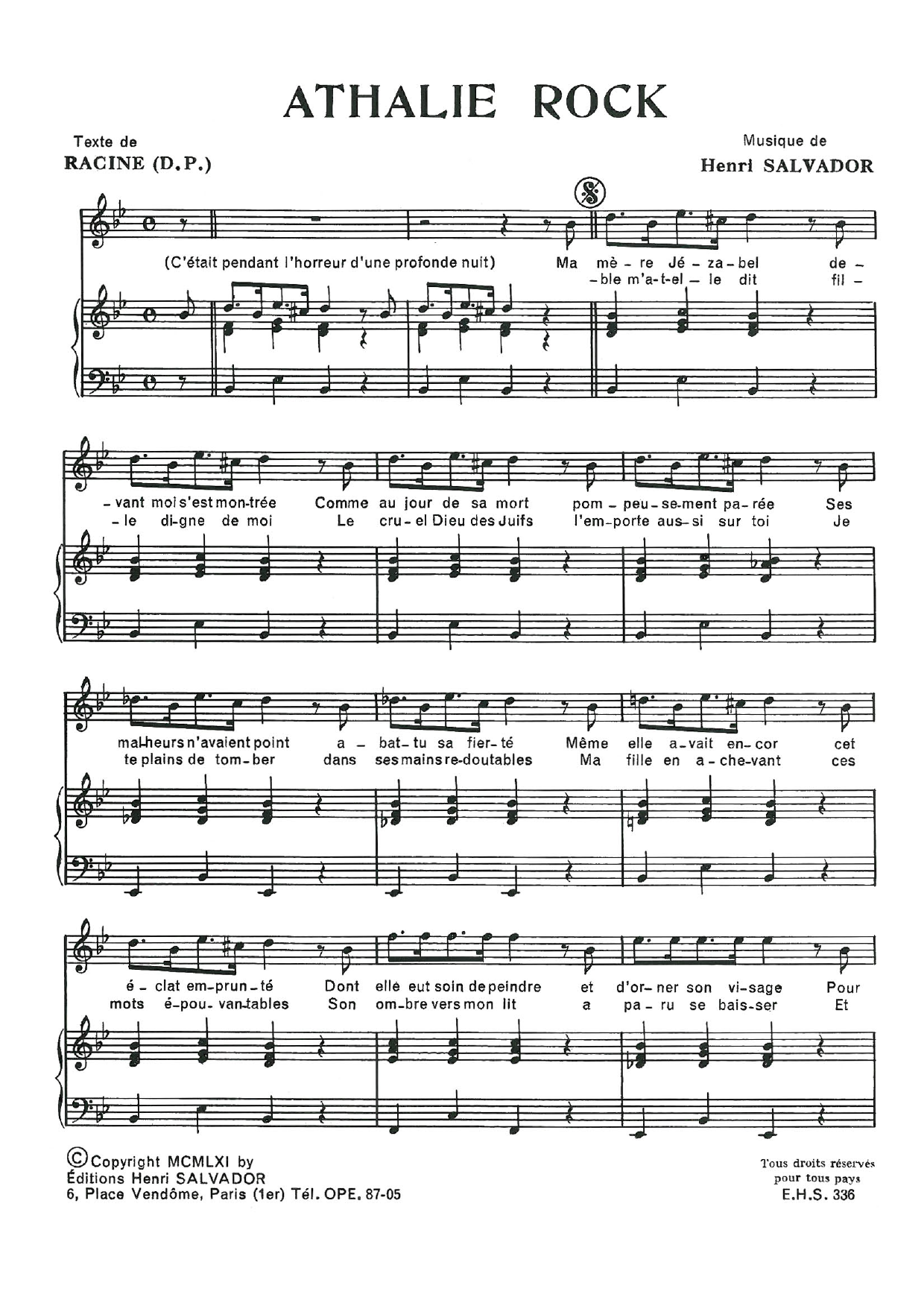 Henri Salvador Athalie Rock Sheet Music Notes & Chords for Piano & Vocal - Download or Print PDF