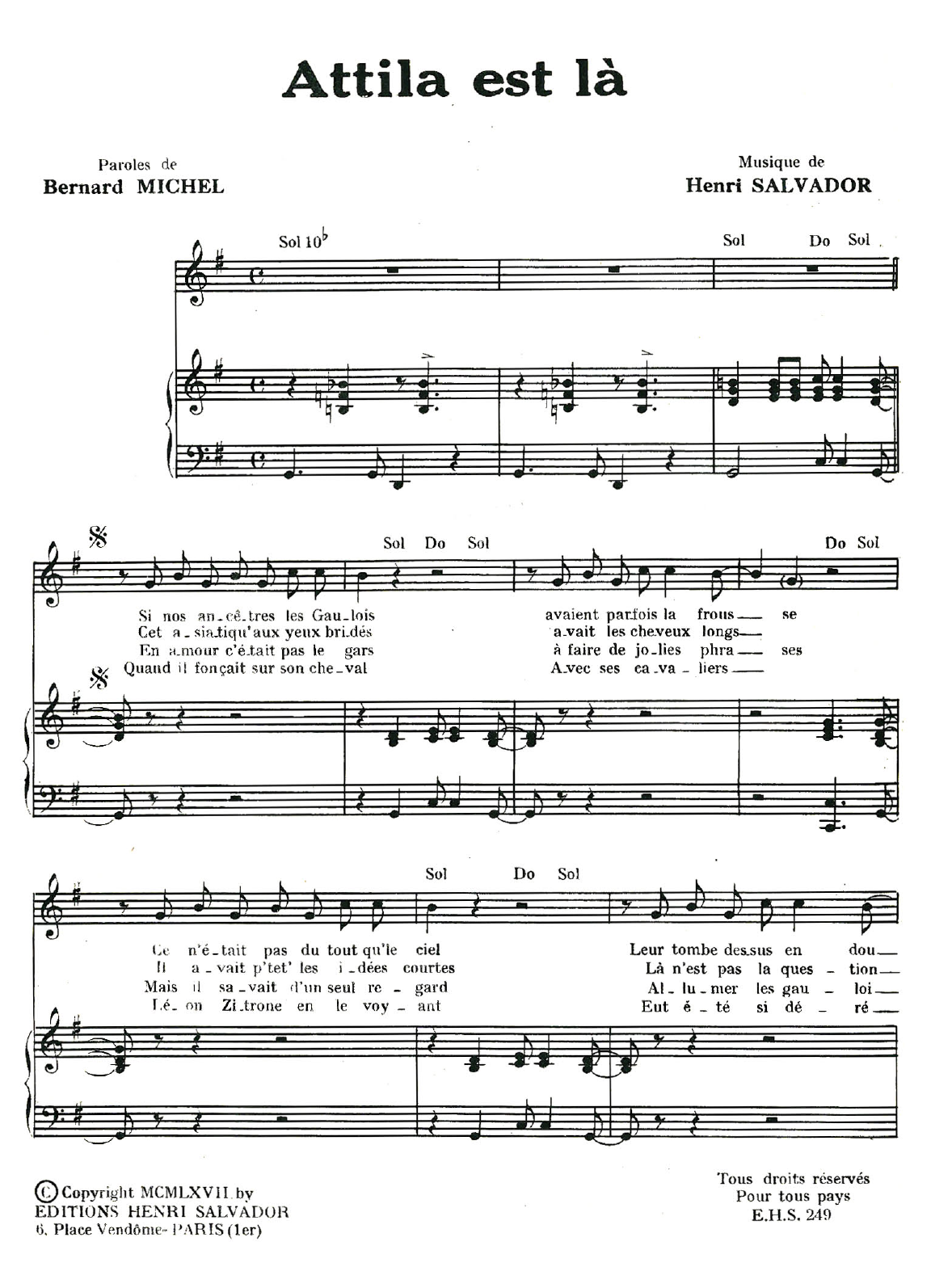 Henri Salvador Attila Est La Sheet Music Notes & Chords for Piano & Vocal - Download or Print PDF
