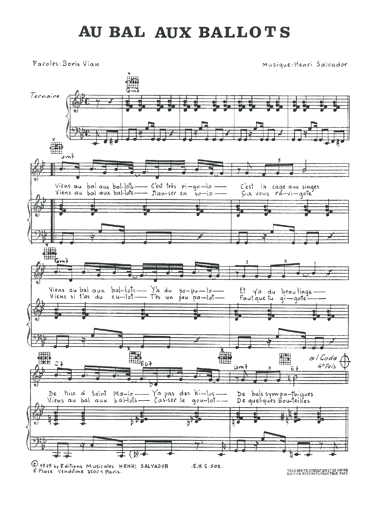 Henri Salvador Au Bal Aux Ballots Sheet Music Notes & Chords for Piano, Vocal & Guitar - Download or Print PDF
