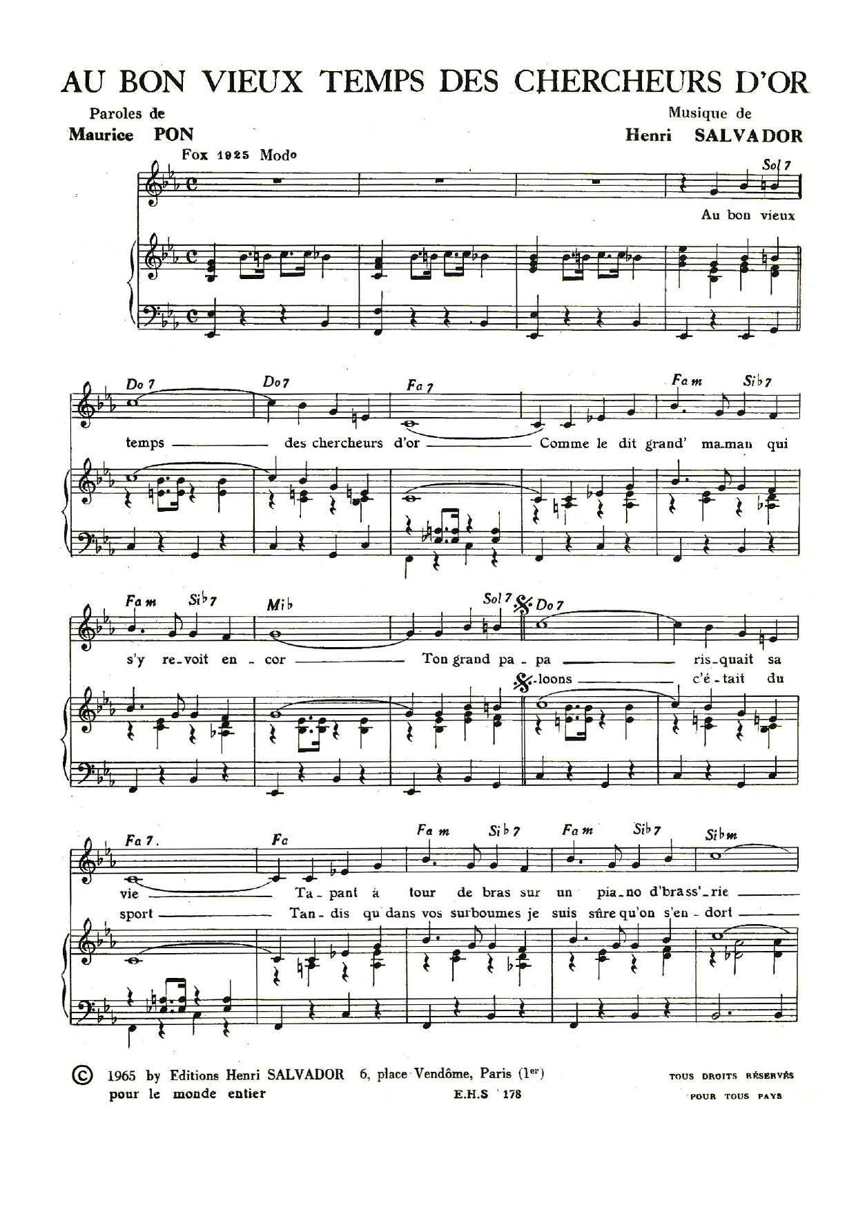 Henri Salvador Au Bon Vieux Temps Des Chercheurs D'or Sheet Music Notes & Chords for Piano & Vocal - Download or Print PDF