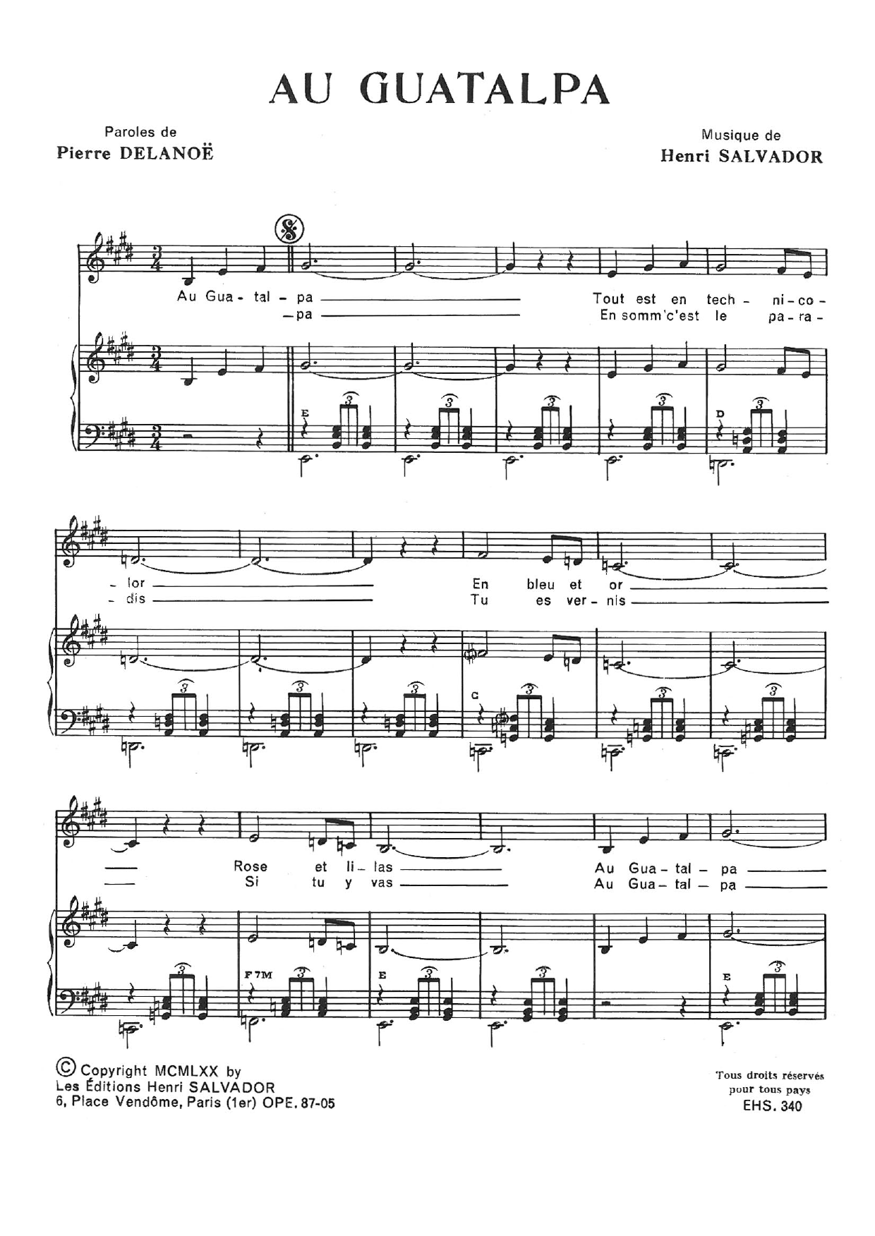 Henri Salvador Au Gatalpa Sheet Music Notes & Chords for Piano & Vocal - Download or Print PDF